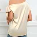 Women's 2024 Off Shoulder Satin Tops Elegant Casual Short Sleeve Asymmetrical Neck Silk Blouses Shirts (Beige, XL)
