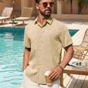 Alimens & Gentle Mens Linen Shirt Short Sleeve Button Down Shirt Casual Summer Beach Vacation Wedding Linen Texture Shirts