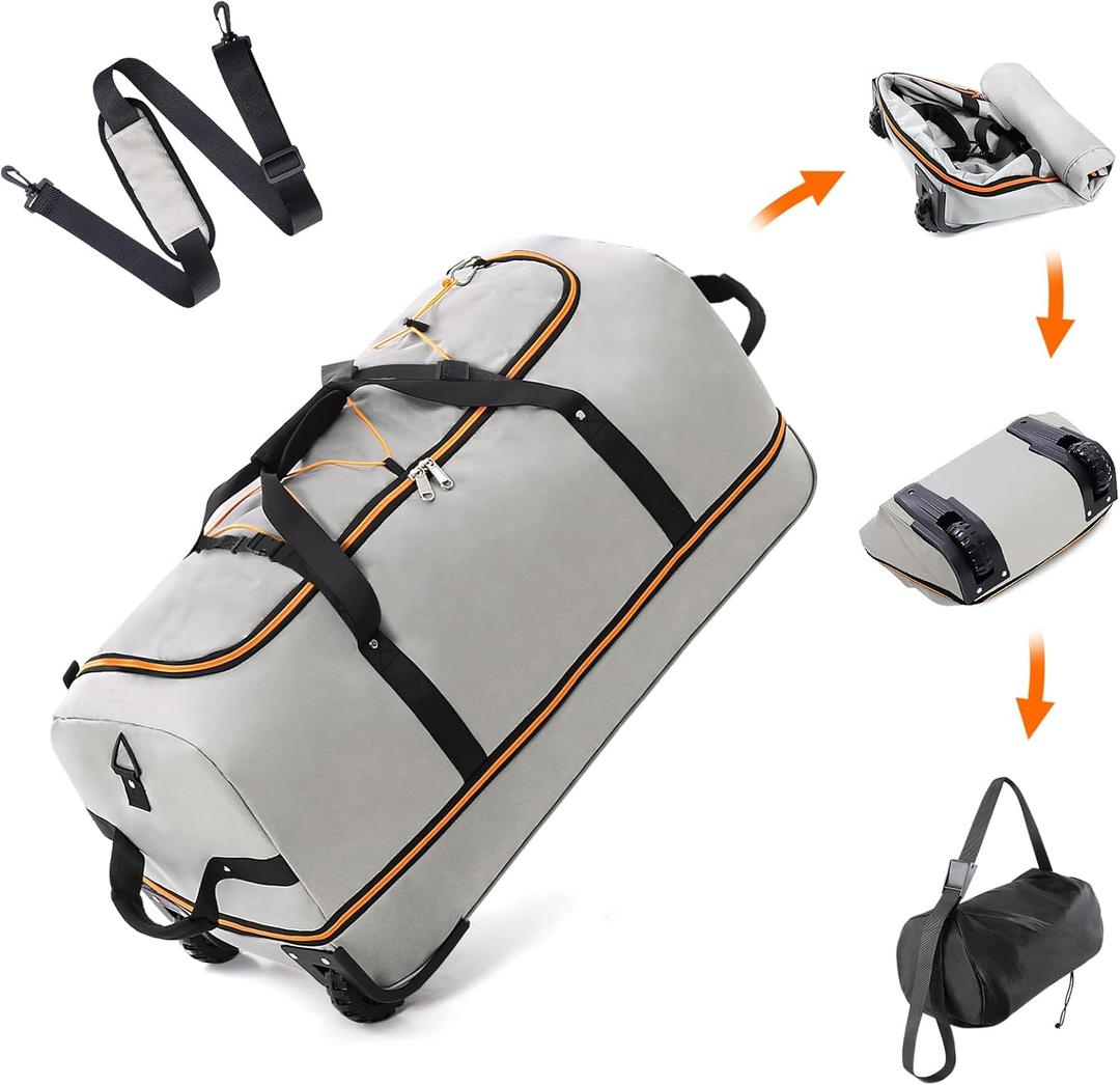 32" 110L Expandable 140L Soft-Sided Rolling Duffle Bag, Foldable Extra Large Sport Bag with 2-Inline Wheels, Gray