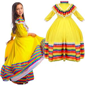 Girls Mexican Dress Folklorico Traditional Dresses Holiday Toddler Dance Skirt Kids Halloween Carnival Birthday Gowns, M