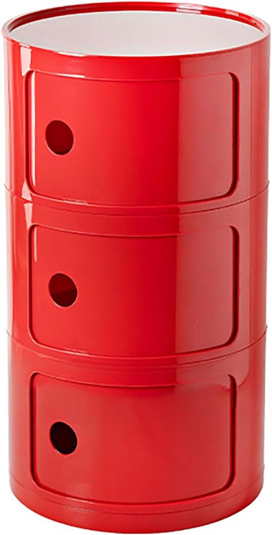 3 Tier Round Nightstand with Drawer, Red Round Side Table Small Plastic Storage End Table Suitable for Bedroom, Living Room, Bathroom, 22.8IN