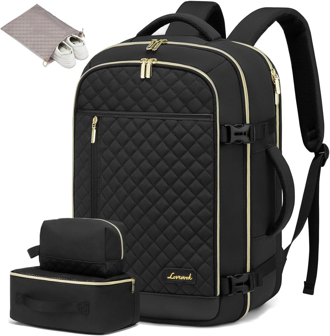 LOVEVOOK Travel Backpack for Women, Carry on Backpack for Airplanes,TSA Personal Item Travel Bag fits 15.6" Laptop,Travel Essentials Carry On Bag Flight Approved with 3 Packing Cubes (Black)