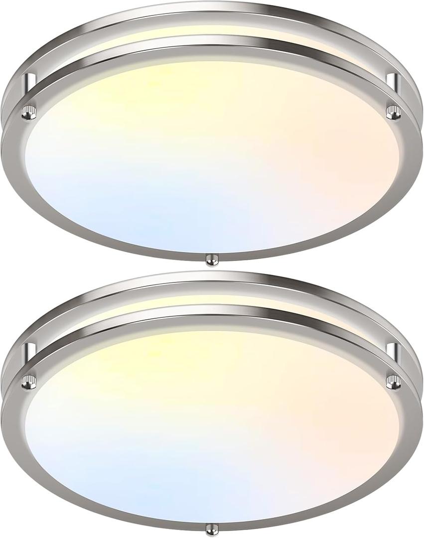 16 Inch 50W LED Ceiling Lights, Dimmable Brushed Nickel Flush Mount Ceiling Light, 2700K/3000K/4000K/5000K/6500K Adjustable, 5400LM Super Bright Ceiling Lamp for Bedroom Kitchen Office, 2-Pack