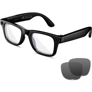 AI Smart Glasses with 8MP Camera, 1080P Video & HD Photo, Bluetooth Audio, AI Voice Assistant, Real-Time Translation, Object Recognition, Noise-Cancel Calls, Photochromic +2 Sunglasses Lenses (Black)