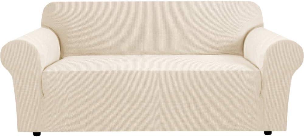 H.VERSAILTEX Stretch Sofa Covers for 3 Cushion Couch Covers Sofa Slipcovers for Living Room Feature Thick Checked Jacquard Fabric with Elastic Bottom, Sofa Large - Natural