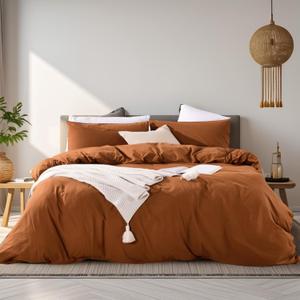NEXHOME PRO Terracotta Burnt Orange Duvet Cover Set King Size Linen Textured Organic Natural 100% Washed Cotton Duvet Cover Fall Caramel 3 Pieces Bedding Set with Zipper Closure, Soft(No Comforter) (King (104"x90"))