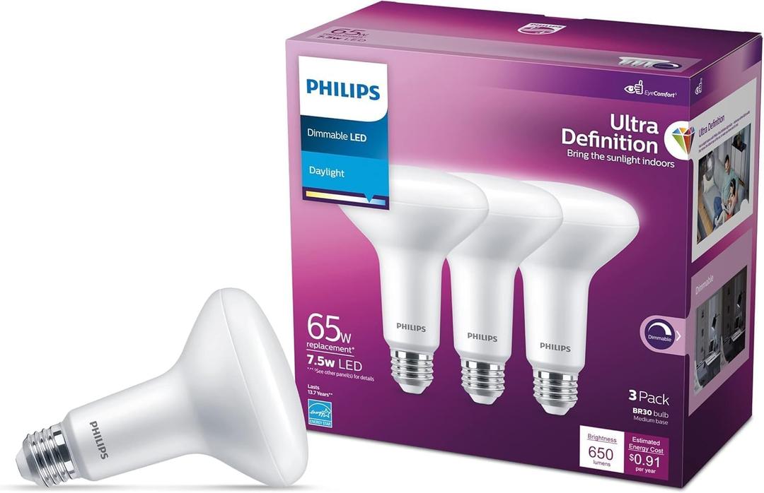 PHILIPS LED 65W BR30 3-Pack Ultra Definition Daylight (5000K) 650 Lumen (7.5W = 65W) Dimmable Frosted Flicker-Free Light Bulbs