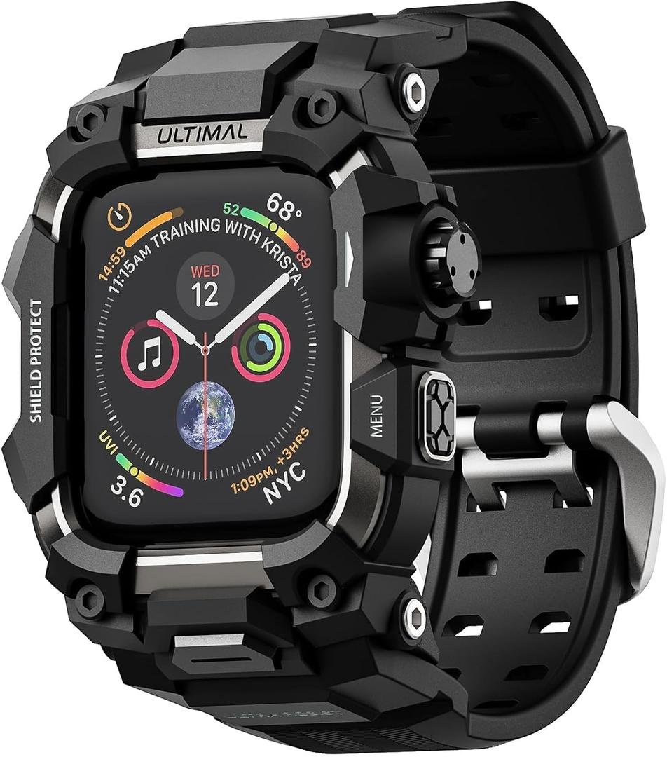 ULTIMAL Rugged Case with Band for Apple Watch 44mm,Compatible with Apple Watch Series SE 3/SE 2/SE Generation/6/5/4, Military Grade Shockproof Bumper Cover for iWatch Tactical Band Men (Black, 44mm)