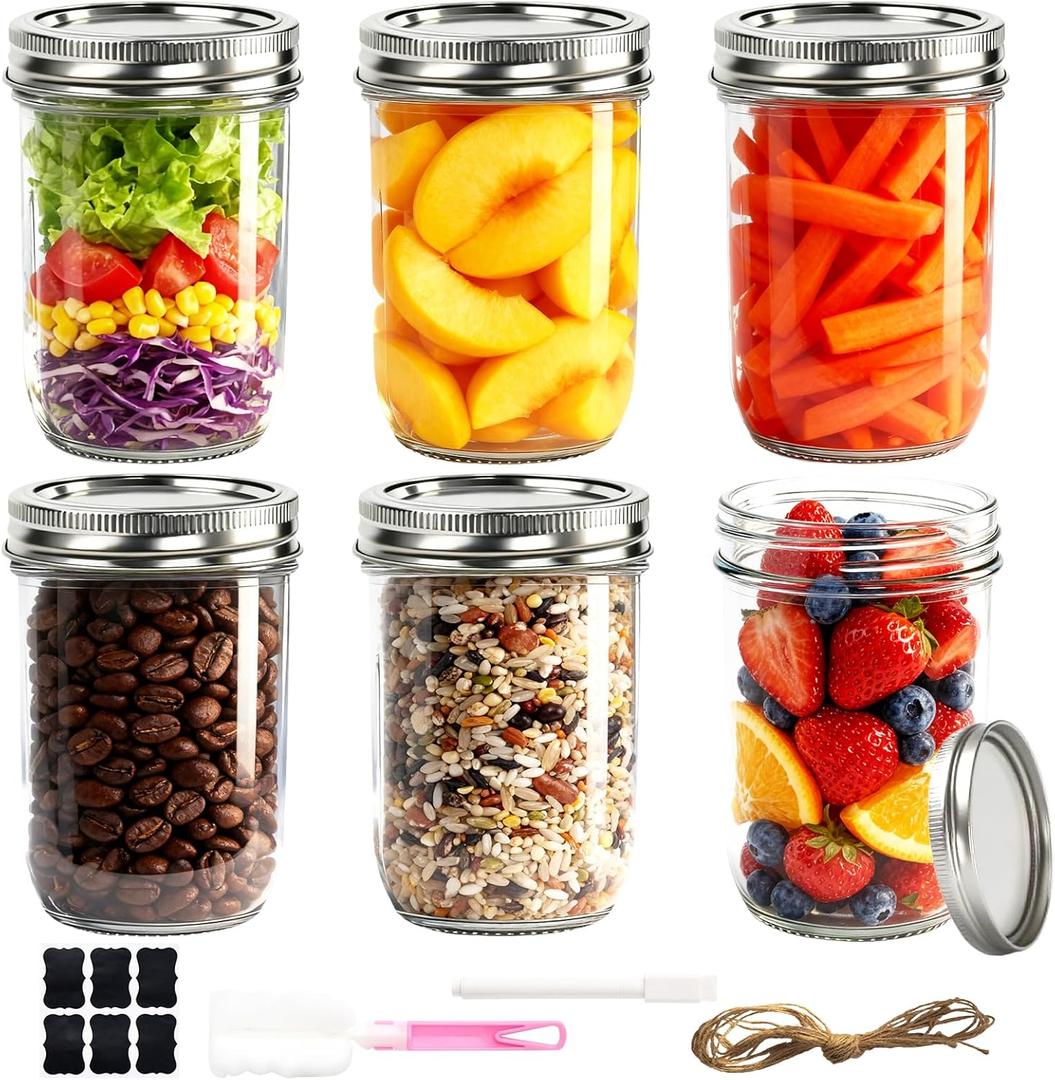 Wide Mouth Mason Jars 16 Oz With Lids, Glass Jars with Airtight Lids And Band, Safe For Canning, Food Storage, Pickling, Overnight Oats Container, Pint Size (Pack Of 6)