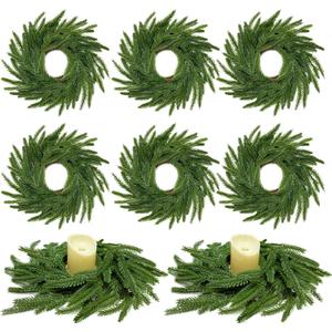 13.5 Inch Norfolk Pine Wreath Candle Rings, 6 Pcs Realistic Soft and Full Mini Christmas Wreath Table Centerpieces Candle Wreaths for Pillar Candles Cedar Small Wreaths for Cabinets Kitchen Windows