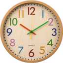 Kids Wall Clock Silent Non-Ticking Colorful Childrens Clock Round Decorative Wall Clocks for Classroom, School, Office, Bedroom, Living Room, Kitchen (Bamboo Grain, 12 inch)