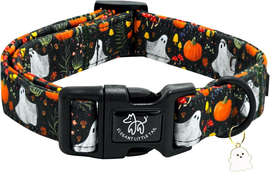 Elegant little tail Halloween Dog Collar, Pumpkin with Ghost Print Black Halloween Pet Collars Cotton Soft Sturdy Puppy Collars Holiday Female Adjustable Collar for Large Dogs (Large (Pack of 1))