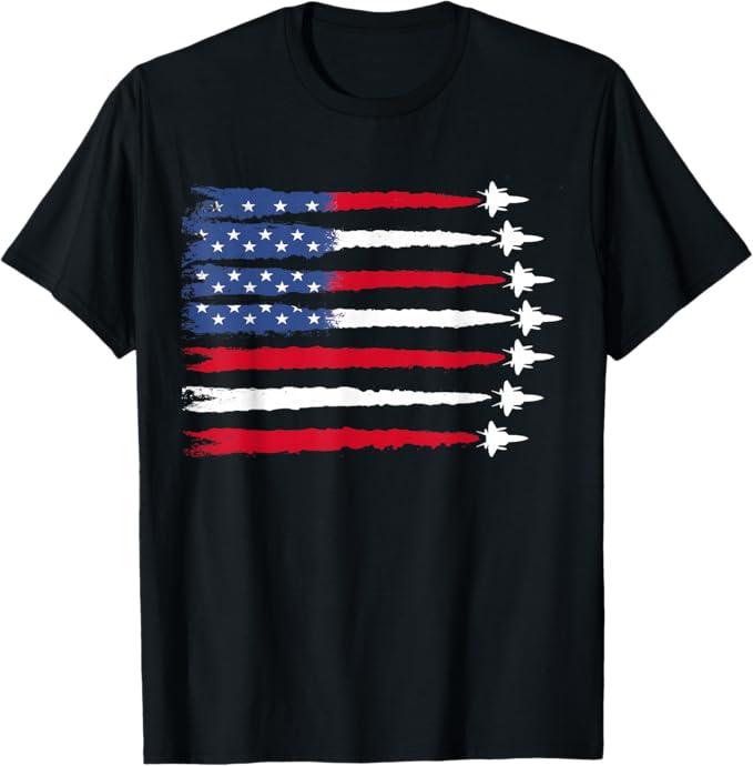 Patriotic Red White Blue USA Flag Fighter Jets 4th of July T-shirt, L