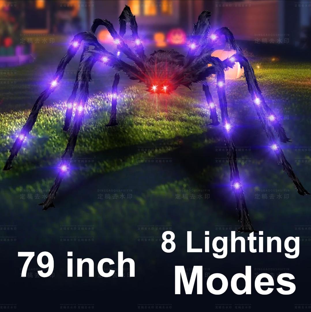 8 Modes 6.6 FT Halloween Giant Spider,Light up Spider with 36 Purple Lights,Light up Halloween Decorations Outside,for Yard Haunted House Window Party Porch Indoor Outside Decor (1PACK)