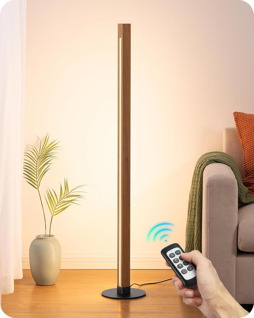 EDISHINE Wooden Floor Lamp, Upgraded Dual-Sided Lighting, Minimalist Floor Lamps for Living Room, Corner Lamp with Remote/Foot Control, 7CCT & Dimmable Floor Lamp for Bedroom, Office, Walnut Wood