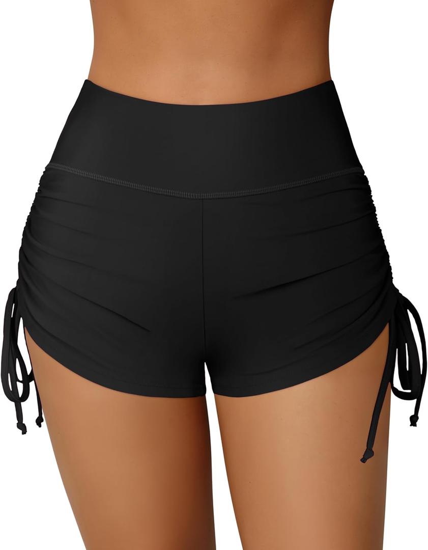 ATTRACO Women Swim Shorts High Waisted Swimsuit Shorts Swim Bottom Board Shorts (Black, S)