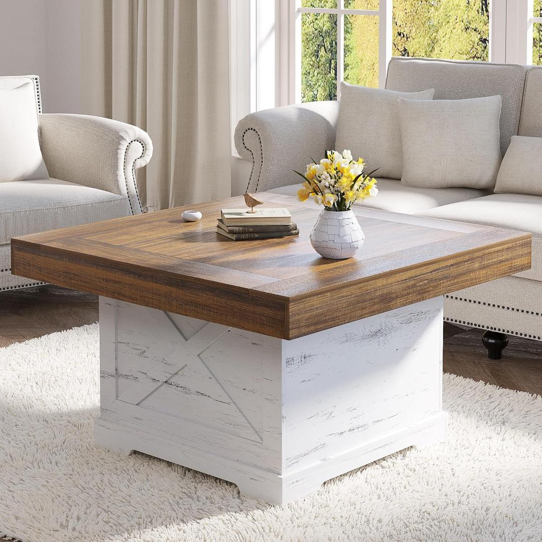 Coffee Table 31.5 in Farmhouse Center Table with X Design Wooden Pedestal for Living Room, Small Square Home Office Tea Accent Table for Dining Room Apartment, Antique White