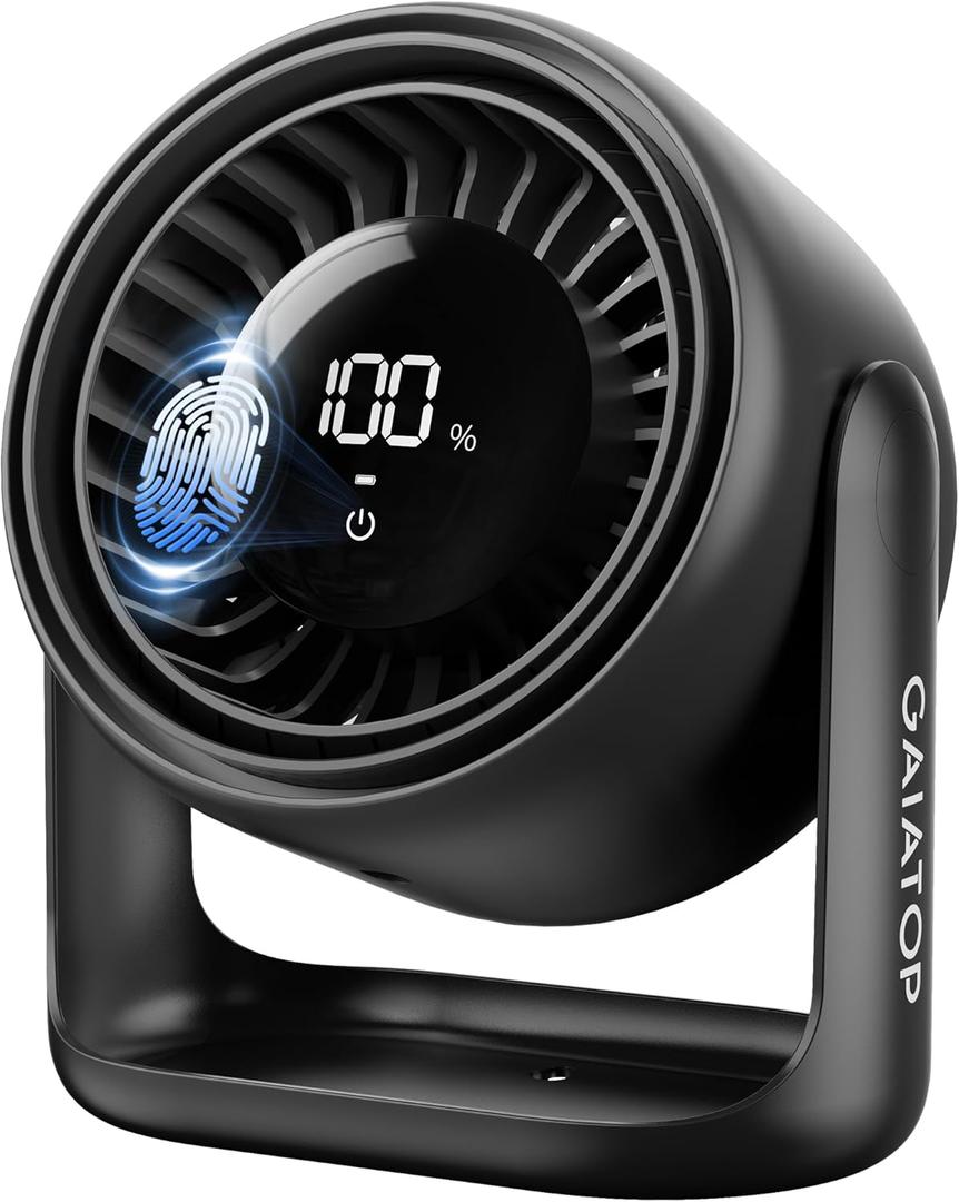 Gaiatop Desk Fan with Touch Control, 4000mAh Battery, 5 Speeds Ultra Quiet Bedroom Fan with LED Display, 90° Tilt, 7.7 Inch USB-C Rechargeable Desktop Fan for Dorm Office Room Home Office, Black
