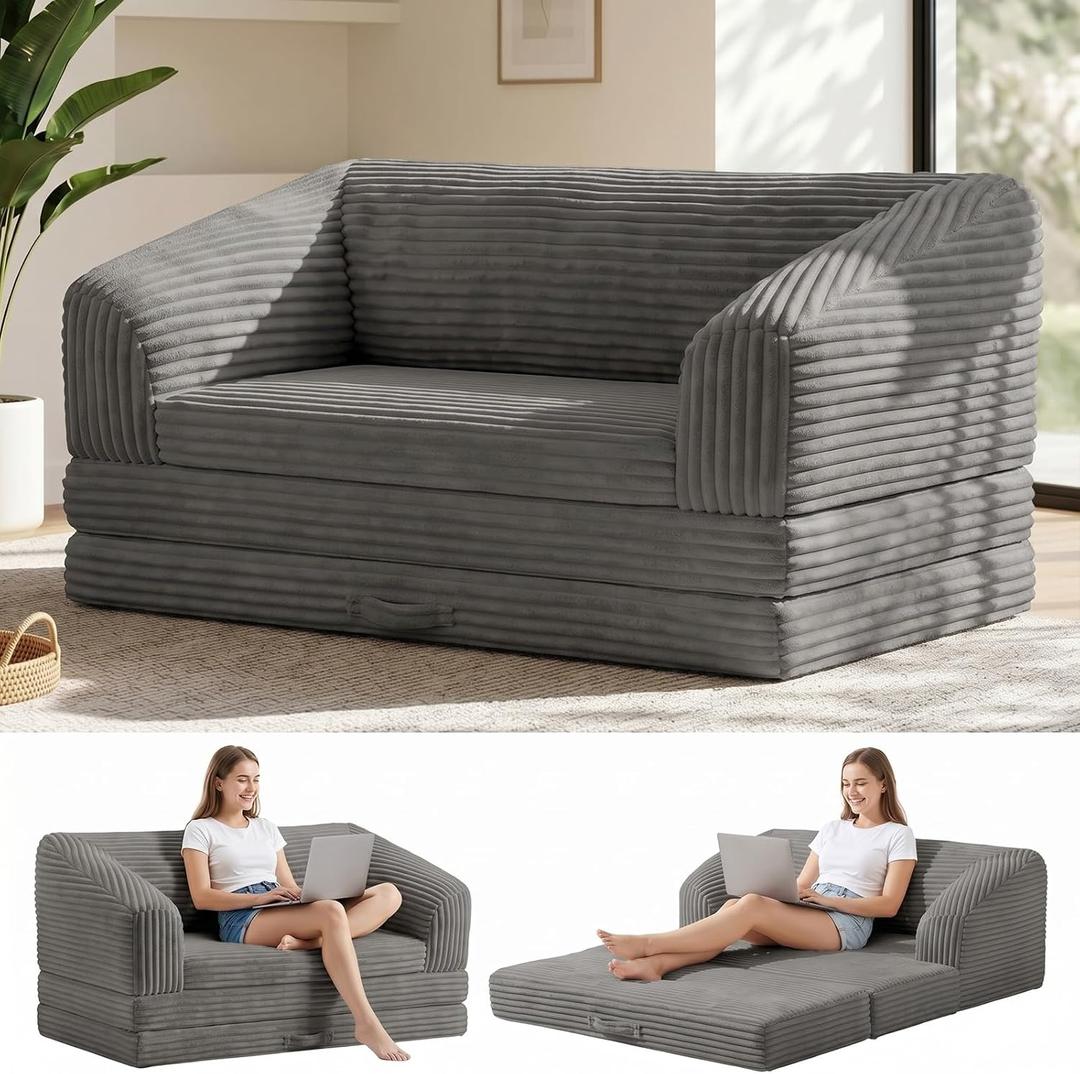 cidludto Boneless Loveseat Sleeper Folding Futon Sofa Bed, Convertible Small Boneless Couch with Pull Out Handle, Oversized Bean Bag Sofa for Living Room Bedroom, Loveseat-54''
