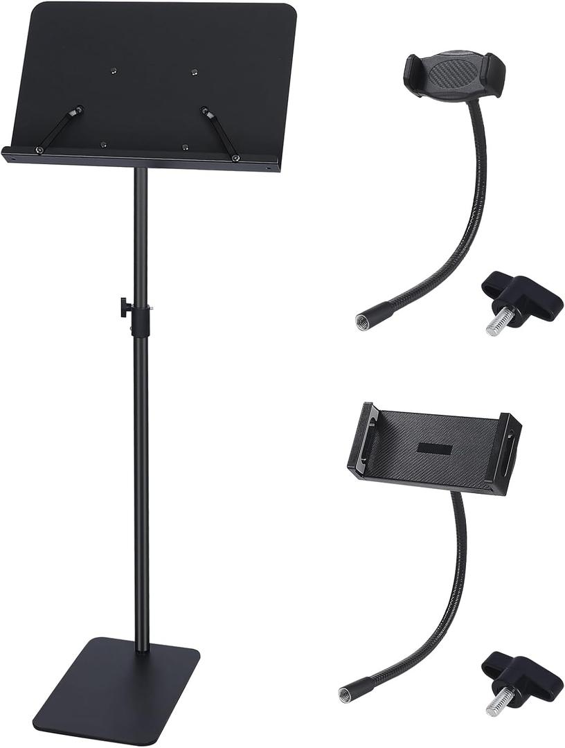 Professional Orchestra Sheet Music Stand, Adjustable Height Metal Music Book Stand Holder for Digital Piano Keyboard Wind Instruments Guitar Violin Players - w/A Phone & Tablet Holder