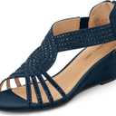 PIZZ ANNU Women's Diana Low Wedge Sandals Sparkly Rhinestone Open Toe Fashion Dress Shoes for Woman Lady in Bridal Dance Evening (7.5, Navy)