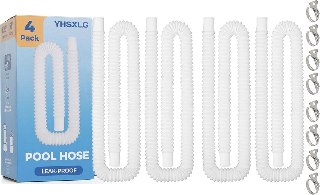 Pool Hoses for Above Ground Pools, 1.25 x 51 Inch Hose for Filter Pump, Compatible with Filter Pump 607, 637 (4 Hoses + 8 Metal Clamps)