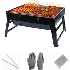 Portable Charcoal Grill for Camping Tailgating Beach Boating Foldable Small Barbeque Grill for Outdoors Lightweight Tabletop BBQ Grill Set with Tongs Gloves Scrubber (14''x10'')