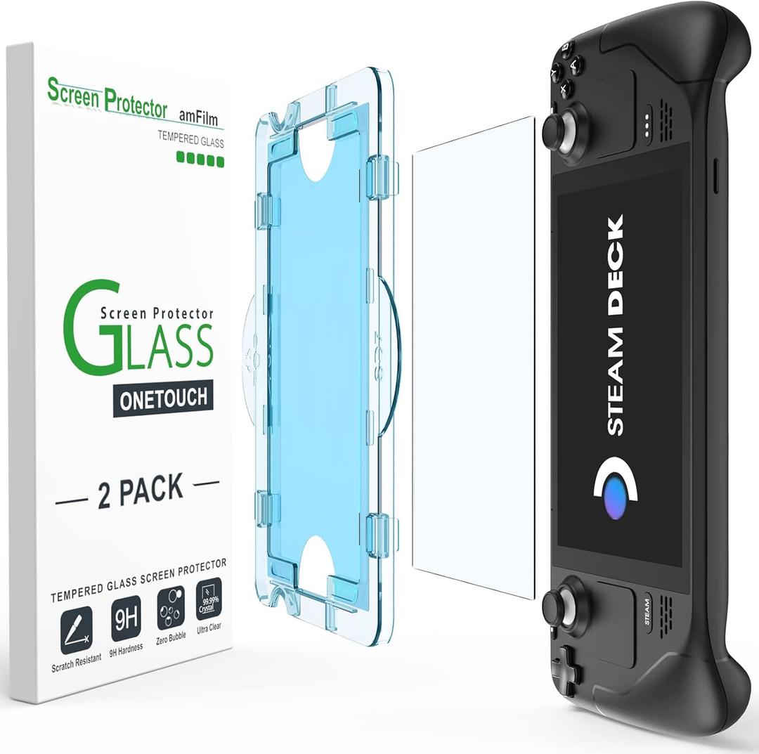 amFilm [2 Pack OneTouch Screen Protector Compatible with Steam Deck/Steam Deck OLED, Tempered Glass Designed for Steam Deck (7inch) 2021 & 2022 /Steam Deck OLED 2023 with Easy Installation Kit