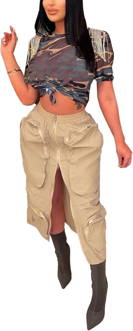 LAJIOJIO Cargo Skirts High Waisted Skirts for Women Front Split Slim Fit Casual Maxi Skirt Streetwear (Large, K9080-khaki)