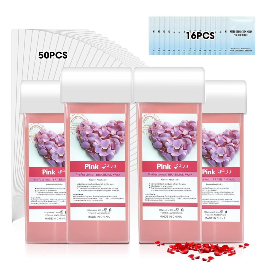 Roll On Wax, Hair Removal Wax Cartridges with Strips 50Pcs and Wax Wipes 16Pcs, Depilatory Wax Roller Refill 4 Pack, Waxing Kit for Leg, Arm, Underarm