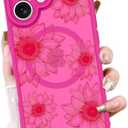 OOK Phone Case Design for iPhone 16 Case [Compatible with MagSafe], Cute Sunflower Floral Blooms Design Frosted Shockproof for Women Girls Magnetic Phone Cover - Hot Pink Flower