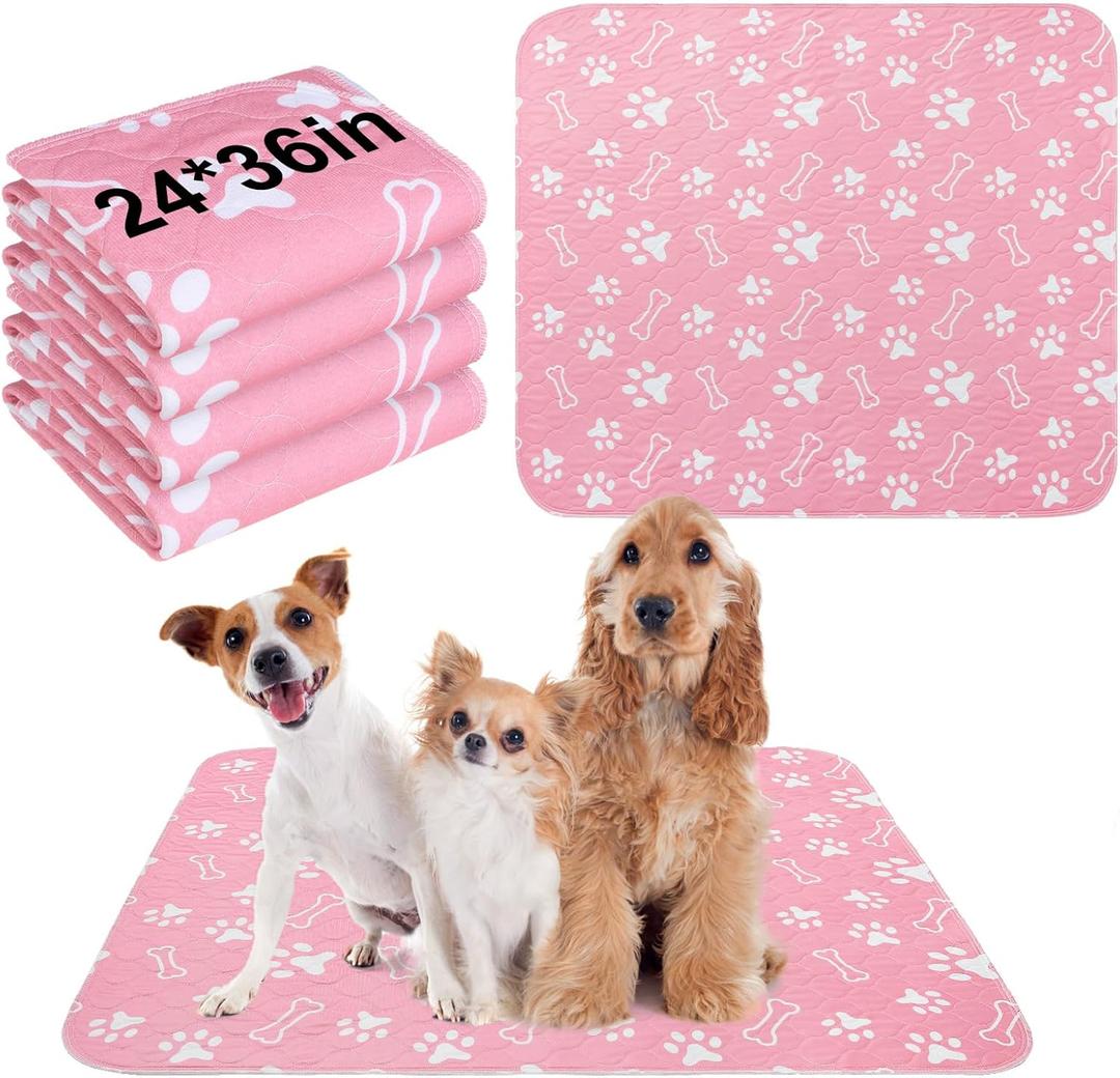BEAUTYZOO 4 Pack Washable Pee Pads for Dogs, Reusable Puppy Pads for Potty Training, Waterproof Super Absorbent Wee Wee Pads for Dogs Non-Slip, Pet Whelping Mats Playpen Dog Crate Floors, 24IN x 36IN (Pink)