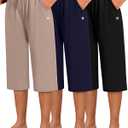 Neer 3 Pack Women's Capri Pants, Wide Leg Basic Sweatpants Lounge Loose Fit Casual Drawstring Yoga Capris with Pockets (X-Large, Black, Mocha, Navy Blue)