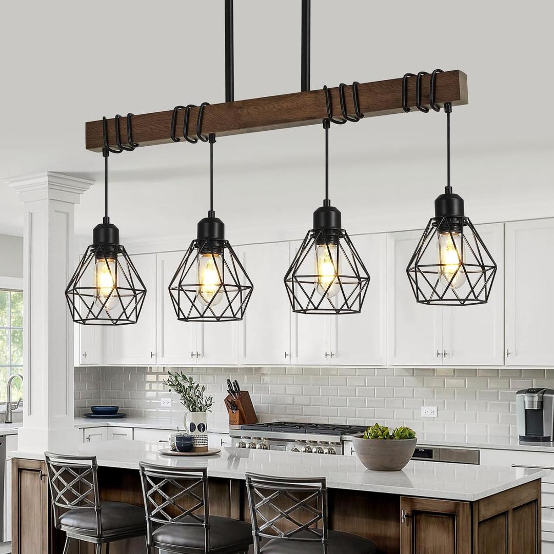 29.5  4-Light Kitchen Chandeliers Over Table, Farmhouse Black Dining Room Light Fixture, Linear Rustic Wood Ceiling Pendant Island Light Fixtures with Metal Lampshade, Height Adjustable