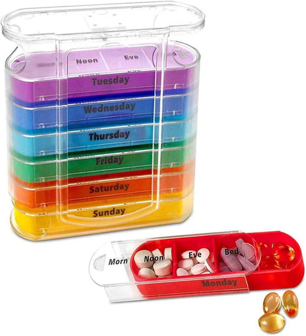 ABSOK Weekly Stackable Pill Organizer, 4 Times A Day Pill Organizer Box Morning, Noon, Evening, and Bedtime,7 Stackable Compartments