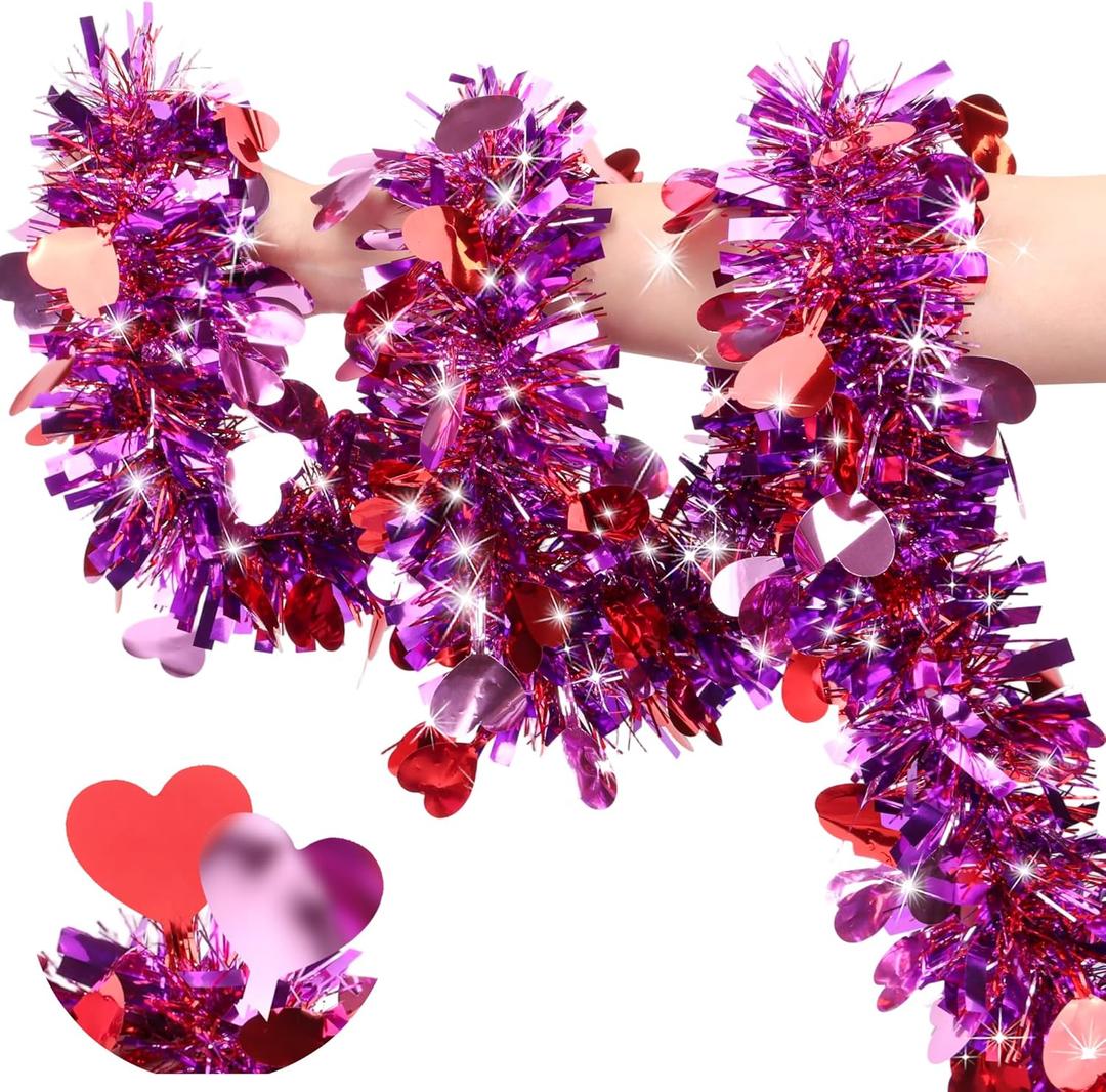 50 FT Red Pink Purple Valentines Day Decor Heart Tinsel Garland Valentines Day Decorations Metallic Glitter Hanging Garlands for Home Indoor Wedding Party Mantel Romantic Decor