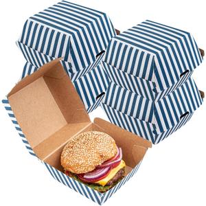 Restaurantware 4 x 4 x 3.8 Inch Burger Boxes 100 Clamshell Food Containers - Hinged Lid Disposable Blue And White Paper Take Out Boxes Ripple Wall Technology Serve Sliders or Finger Foods, 4"L×4"W×3.75H"