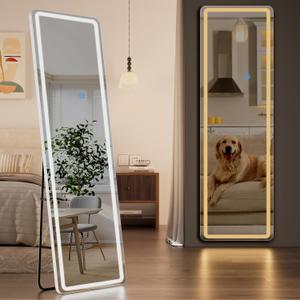 Koonmi LED Full Length Mirror, 63"x20" Full Length Mirror with Lights, Lighted Floor Mirrors with Stand, Full Body Mirrors with Dimming & 3 Color Lightingfor Living Room Cloakroom, White