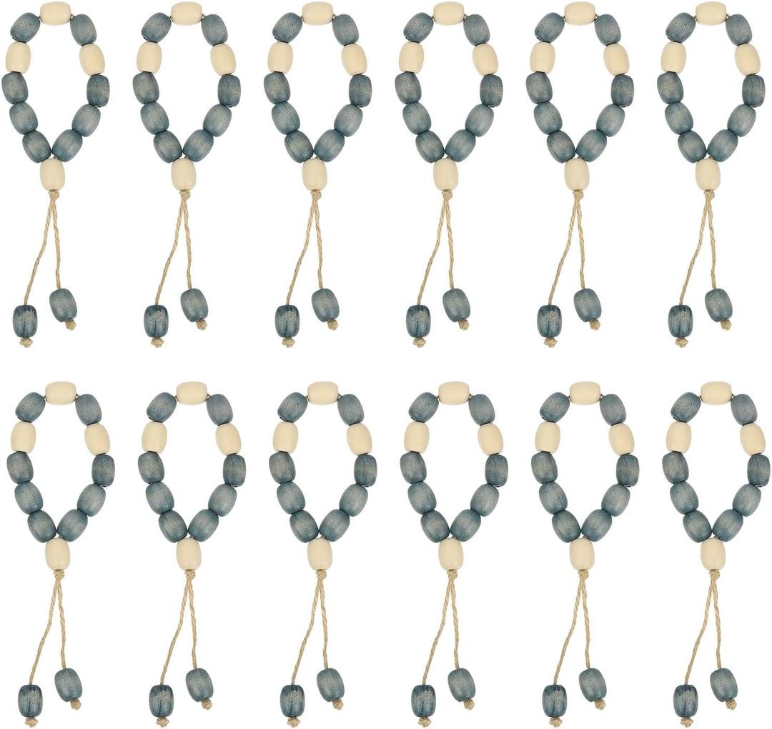 uxcell 12 Pcs Wooden Bead Napkin Rings, Wood Bead Napkin Buckles with Jute Rope Tassels for Christmas Thanksgiving Wedding Home Table Decor (White/Blue)