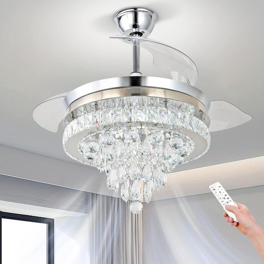 Finktonglan 42" Crystal Fandelier Ceiling Fan with Lights, Retractable Blades, Dimmable 60W LED, Remote & App Control, Quiet Reversible Motor, 6 Speeds & Timer, Downrod Mount for Bedroom/Living Room