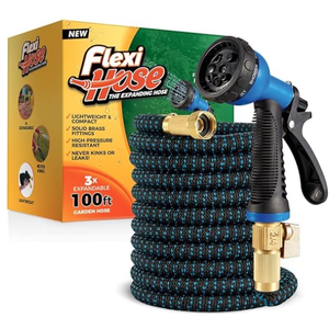 Flexi Hose Expandable Garden Hose with 8 Function Nozzle, 100FT - Lightweight Retractable Garden Hose, Water Hose - No-Kink Flexibility, 3/4 Inch Solid Brass Fittings and Double Latex Core