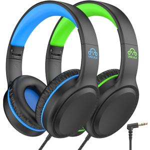 U2 2 Pcs Wired Headphones for Kids Boys Girls, On Ear Youth Headphones for School Airplane Travel, Lightweight Portable Compatible with Tablet Computer Laptop for Adults Student Green & Blue