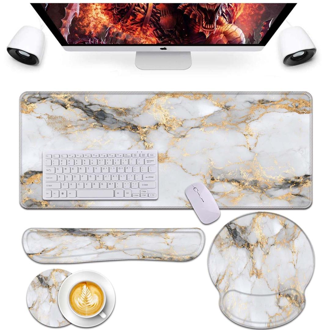 Keyboard Wrist Rest and Mouse Pad Wrist Support Set,Ergonomic Memory Foam Wrist Pad & Non Slip Base for Home Office Working Studying Easy Typing,Pain Relief,White Gold Marble, 4 in set