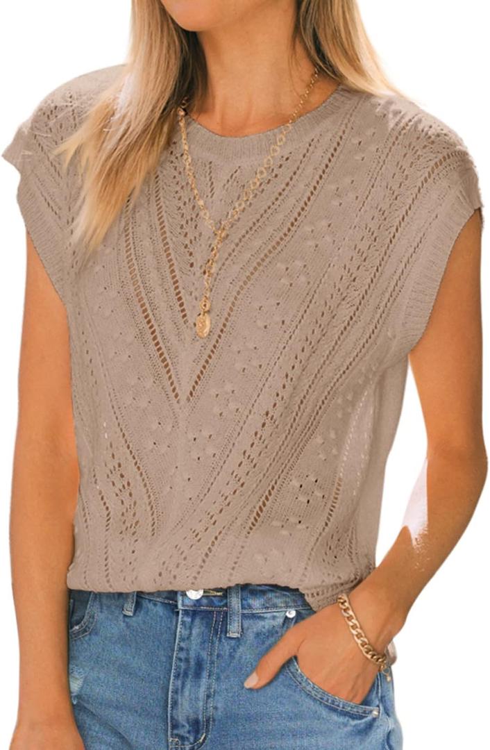 Langwyqu Womens Cap Sleeve Tops Summer Crew Neck Shirt Lightweight Crochet Knit Sweater (Small)