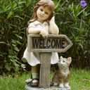 Girl Garden Statue with Solar LED Lights, Solar Girl Welcome Sign with Cat Garden Statue for Outdoor Decor, Porch, Patio, Yard Art Decorations, Polyresin 17.3 inch, 17.3 x 8.9 x 7.1 inches