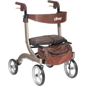 Drive Medical Nitro DLX Foldable Rollator Walker for Seniors & Adults - Hand Activated Brakes - Padded Seat - Storage Bag - 10 Inch Front Wheels - Folding Mobility Aid - Champagne