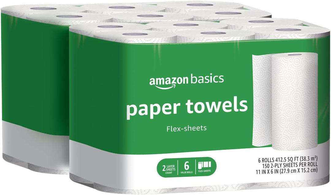 Amazon Basics 2-Ply Flex-Sheets Paper Towels, 12 Basics Rolls = 32 Regular Rolls, Everyday Value with 150 Sheets per Roll