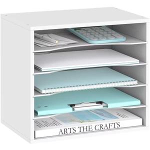 SUPEASY Wood Desk Organizer, 5 Tier Paper File Organizer for Desk, Wooden Desktop Organizer, Paper Letter Literature Mail Sorter, for Office School & Home Organization, White (13.4" x 9.1" x 12")