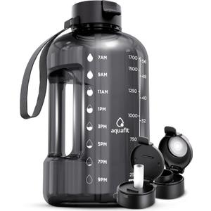 AQUAFIT 64 oz Water Bottle with Time Marker - Straw & Chug Lid - BPA Free Half Gallon Gym Water Bottle with Handle - Big Gallon Jug (Gray, 64 Ounces)