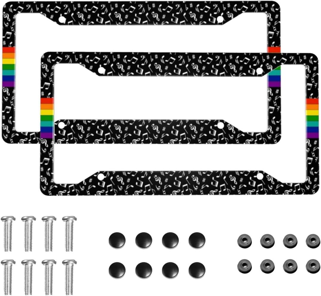 Rainbow Progress Pride Music License Plate Frame 2 Pack License Plate Holder Universal Aluminum License Plate Cover Car Accessories for Decor with Screw for Women Man 12.3 X 6.3 Inch